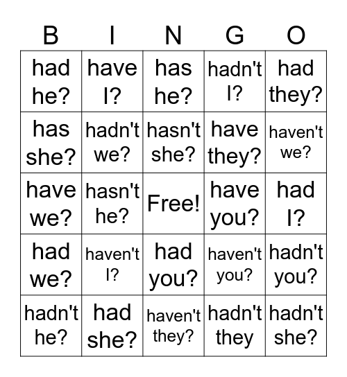 Present and past perfect tag questions Bingo Card