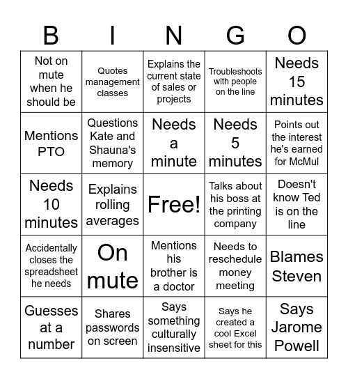 Billings and Bookings Bingo Card