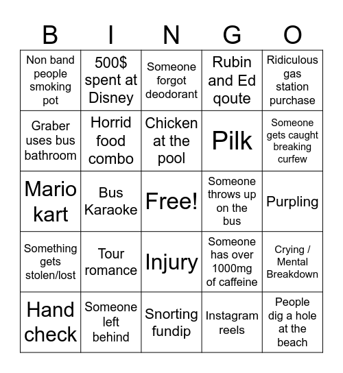 Cali tour bingo Card