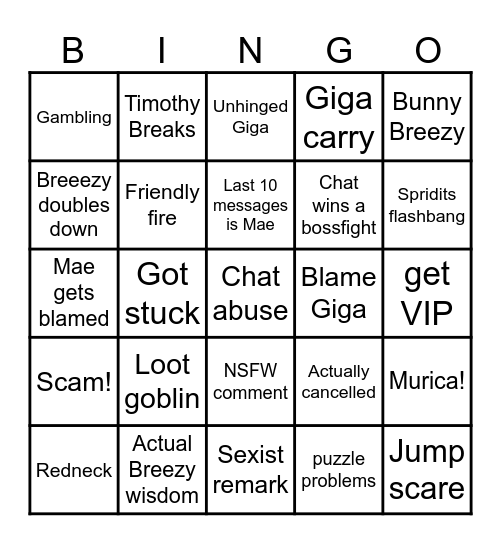 Stream bingo Card