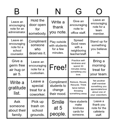 Staff Kindness Challenge Bingo Card