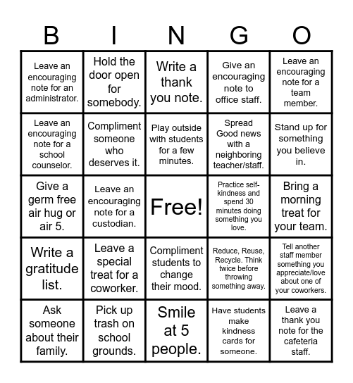 Staff Kindness Challenge Bingo Card