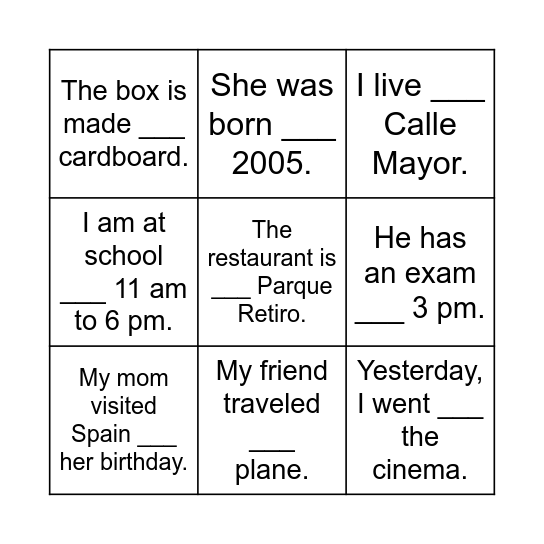 Preposition Bingo Card