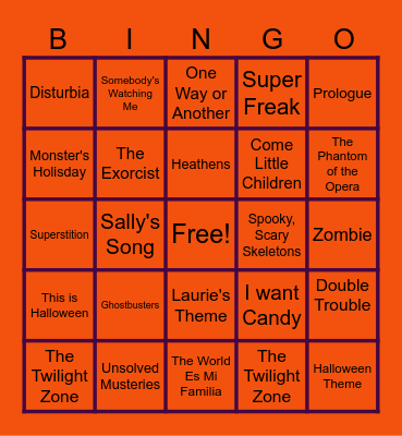 Halloween Music Bingo Card