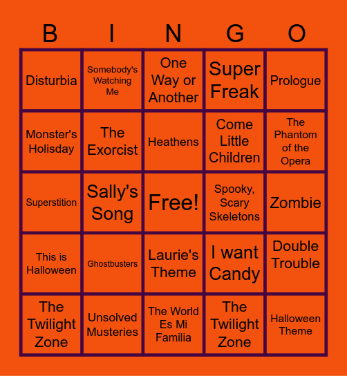 Halloween Music Bingo Card