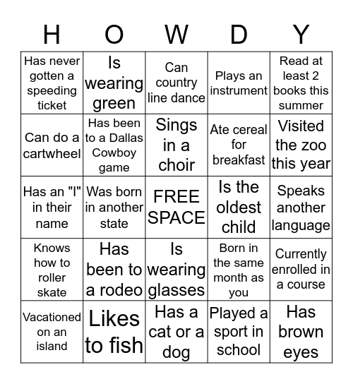 HOWDY! Bingo Card