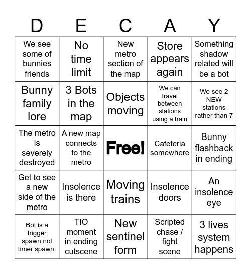 Decay Chapter Bingo Card