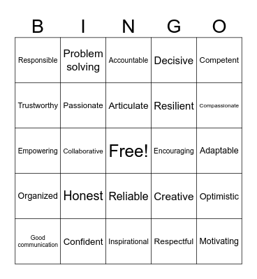 Leadership Traits Bingo Card