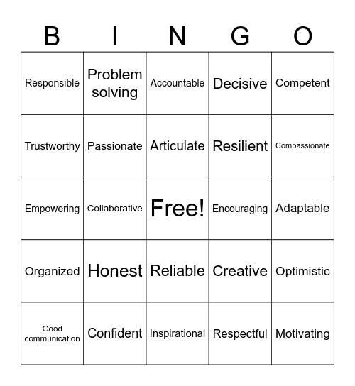 Leadership Traits Bingo Card