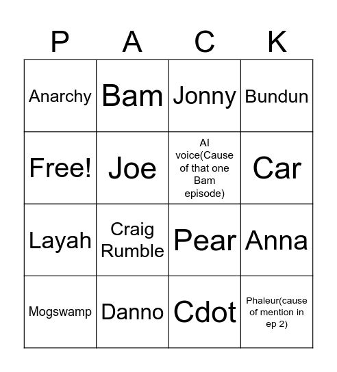 Rumble Pack Bingo Card