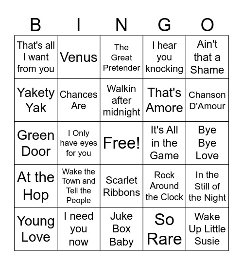 Songs of the 50s Bingo Card