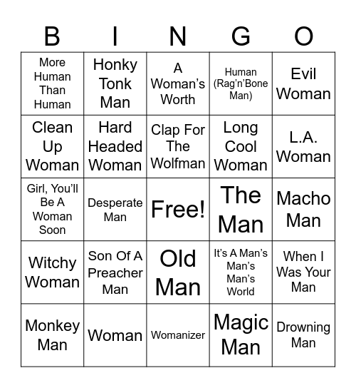 MEN & WOMEN MUSIC Bingo Card