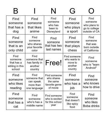 Get to Know Your Classmates Bingo Card