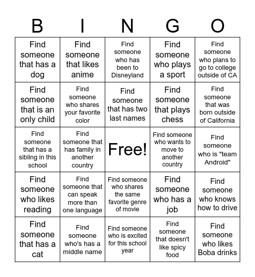 Get to Know Your Classmates Bingo Card