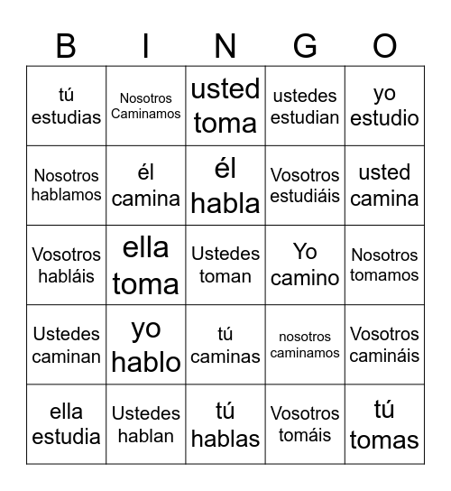 Spanish -AR verbs Bingo Card