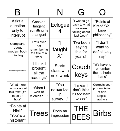 Epyllion Bingo Card