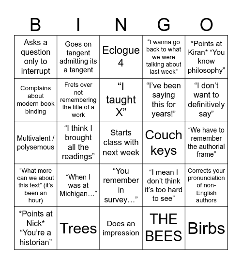 Epyllion Bingo Card