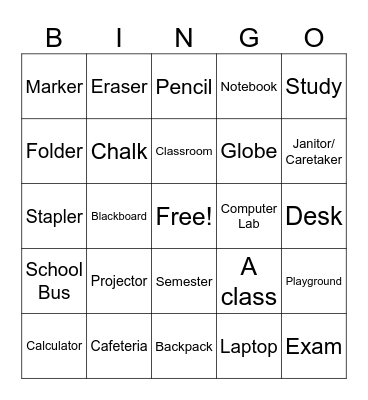 Back to School Bingo Card