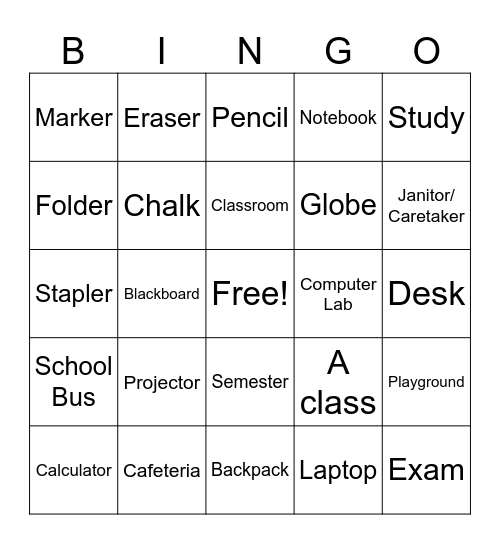 Back to School Bingo Card