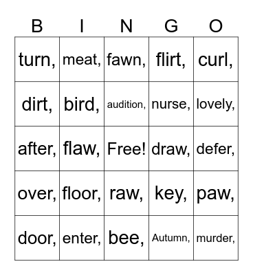 ir er ur or e ea ee ey eo y aw au oor Bingo Card
