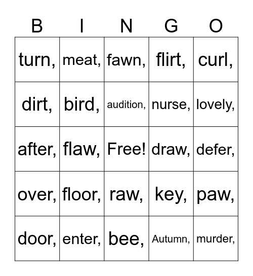 ir er ur or e ea ee ey eo y aw au oor Bingo Card