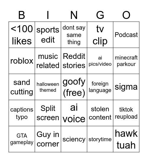 YT Shorts Bingo Card