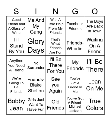 Songs About Friendship Bingo Card