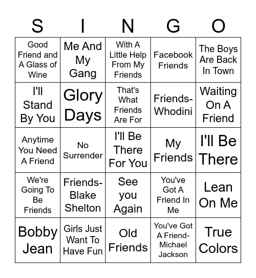 Songs About Friendship Bingo Card