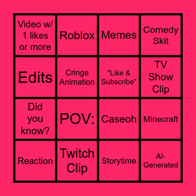 YT Shorts 4x4 Bingo Card