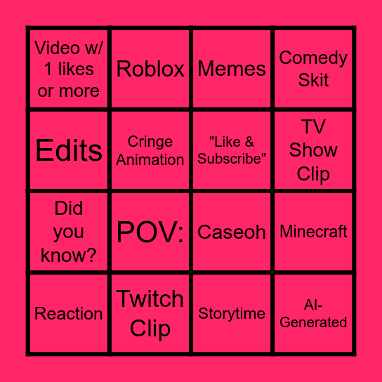 YT Shorts 4x4 Bingo Card