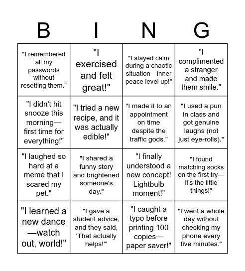 Wellbeing Check-in Bingo Card