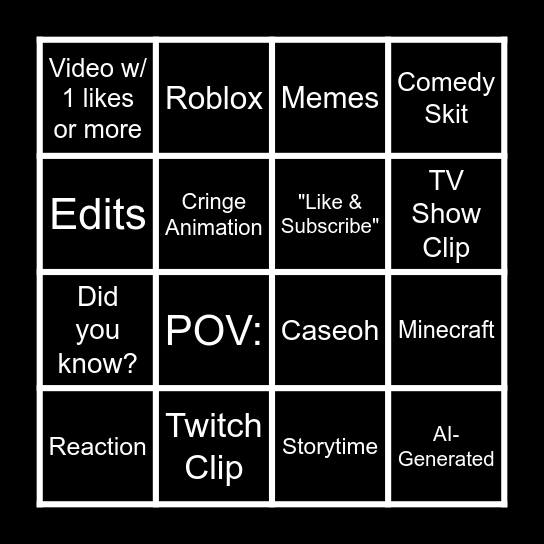 YT Shorts 4x4 Bingo Card