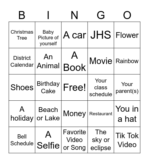 Afterschool Bingo Card