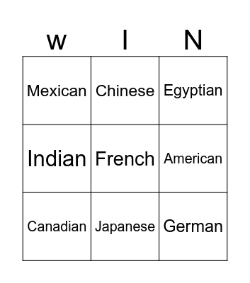 Nationalities Bingo Card