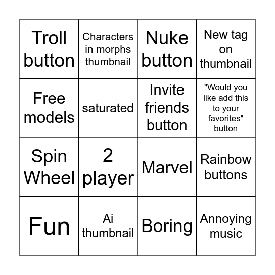 Roblox Tycoon Bingo Card