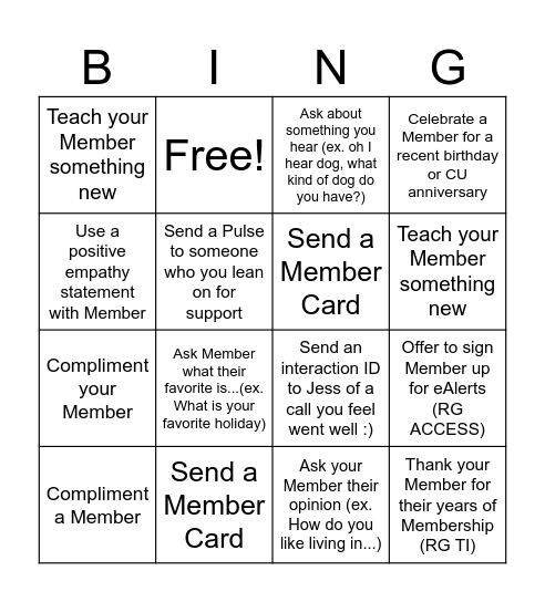 World Class Service Bingo Card