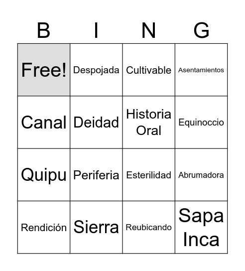 Vocabulario del imperio inca Bingo Card