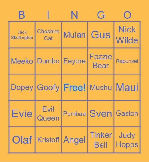 Disney Characters Bingo Card