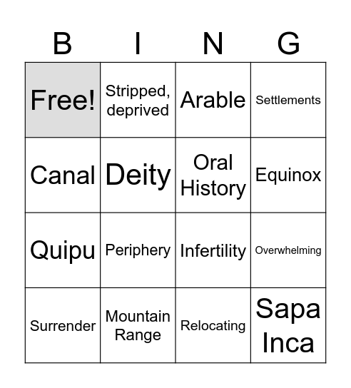 Vocabulario del imperio inca Bingo Card