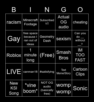 YT Shorts Bingo Card