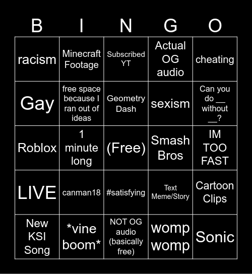 YT Shorts Bingo Card