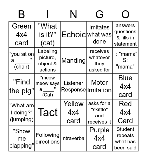 Verbal Operants Bingo Card