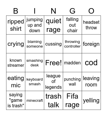 gamer rage Bingo Card