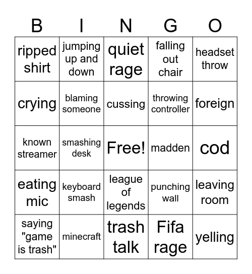 gamer rage Bingo Card