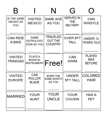 HORSHAM HERITAGE FAMILY REUNION Bingo Card
