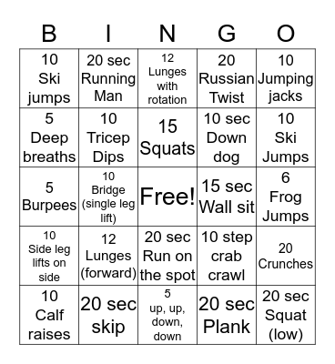 Fitness Bingo Card