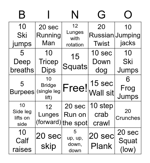 Fitness Bingo Card