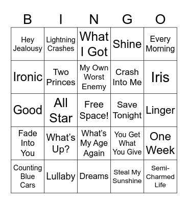 90s Pop/Rock Bingo Card