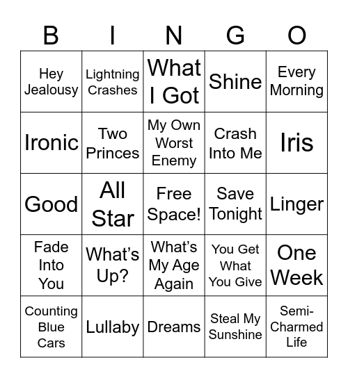 90s Pop/Rock Bingo Card