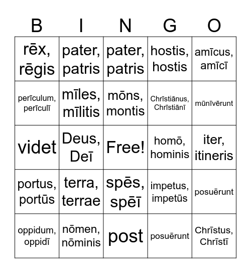 Henle Latin 1, Unit 1 Bingo Card